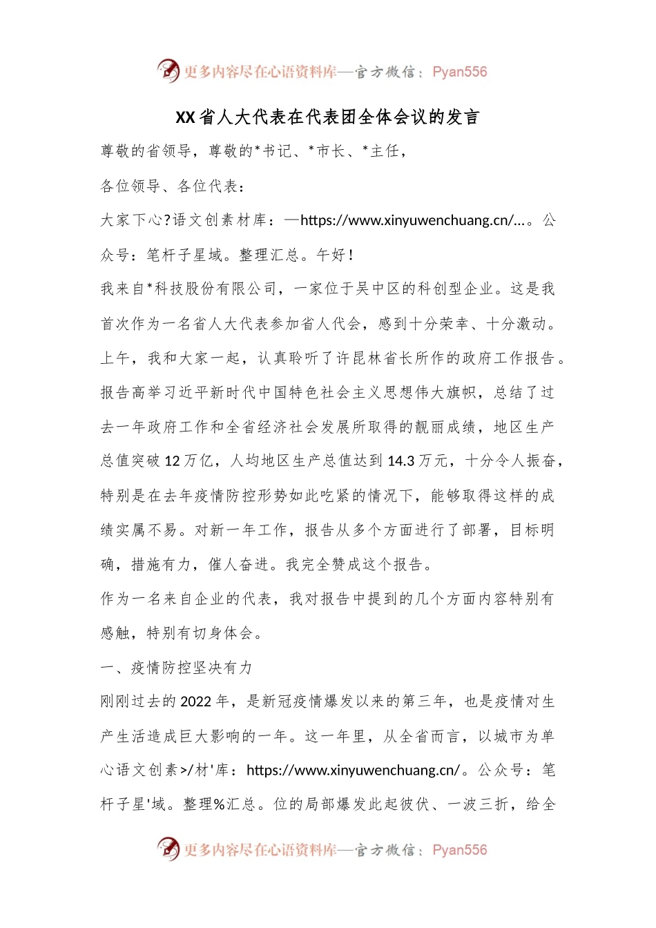 XX省人大代表在代表团全体会议的发言.docx_第1页