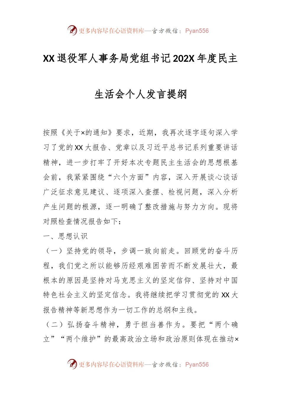 XX退役军人事务局党组书记202X年度民主生活会个人发言提纲.docx_第1页