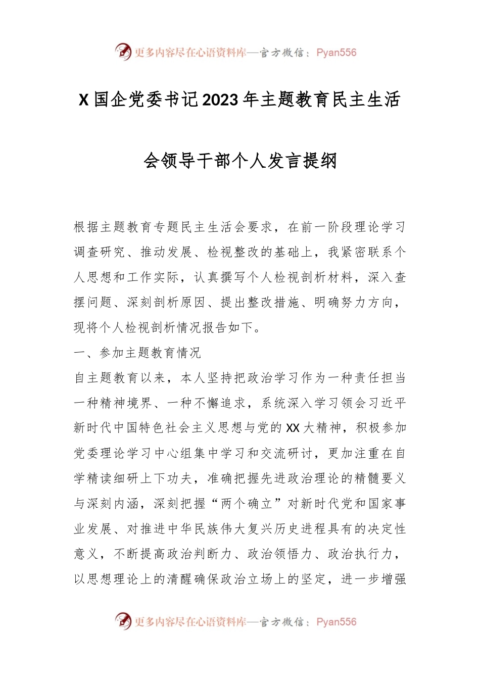 X国企党委书记2023年主题教育民主生活会领导干部个人发言提纲.docx_第1页