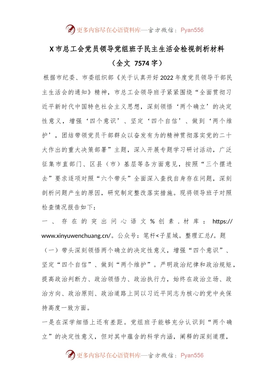 X市总工会党员领导党组班子民主生活会检视剖析材料（全文 7574字）.docx_第1页
