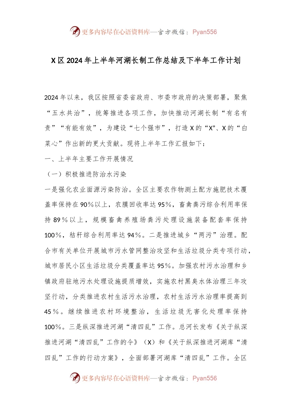 X区2024年上半年河湖长制工作总结及下半年工作计划.docx_第1页