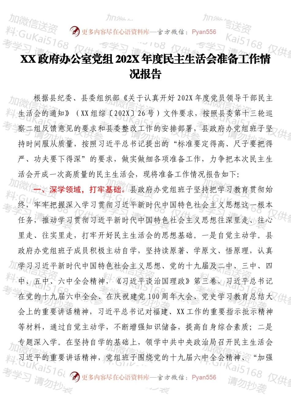 XX政府办公室党组202X年度民主生活会准备工作情况报告.docx_第1页