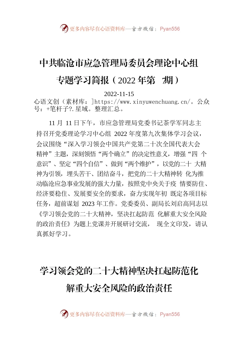 XX市应急管理局委员会理论中心组专题学习简报（2022年第7期）.docx_第1页