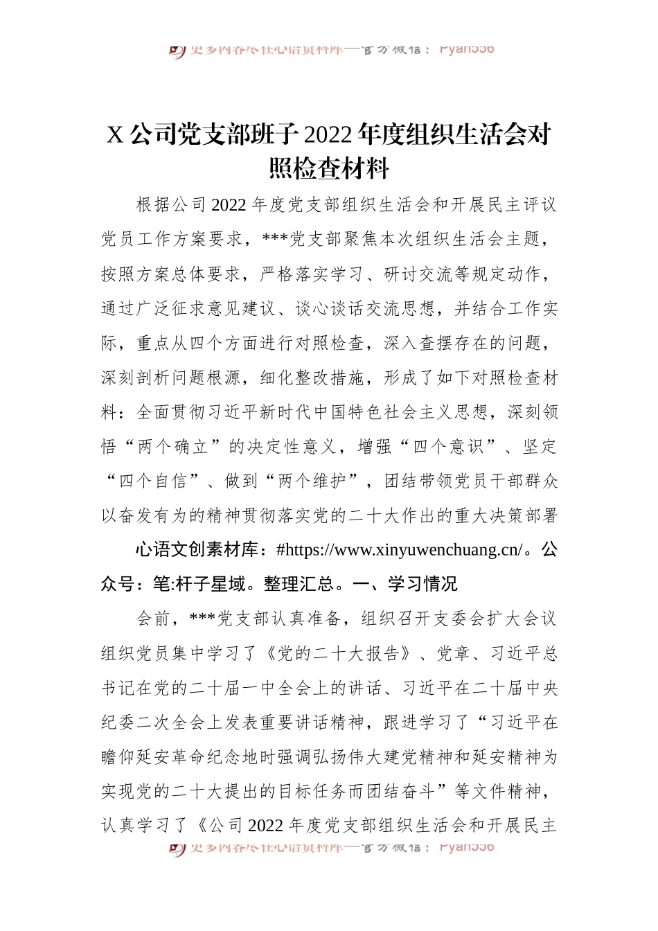 X公司党支部班子2022年度组织生活会对照检查材料.docx_第1页