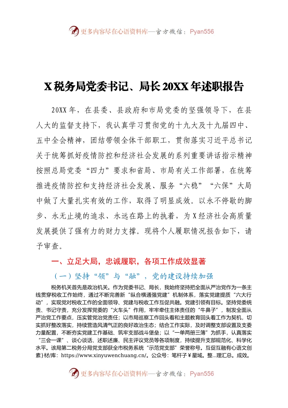 X税务局党委书记、局长20XX年述职报告.docx_第1页