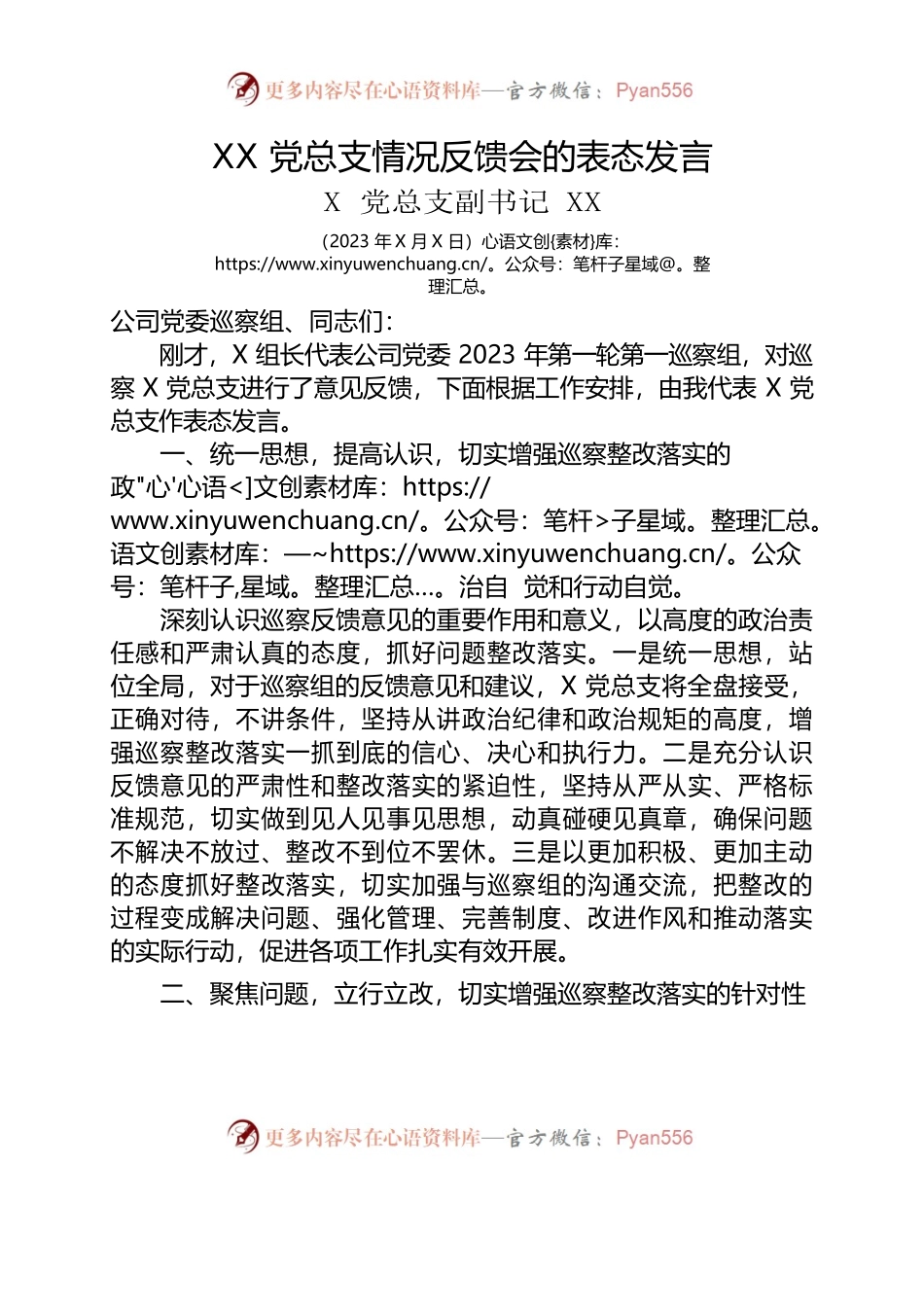 X党总支副书记在2023巡察反馈会上的表态发言.docx_第1页