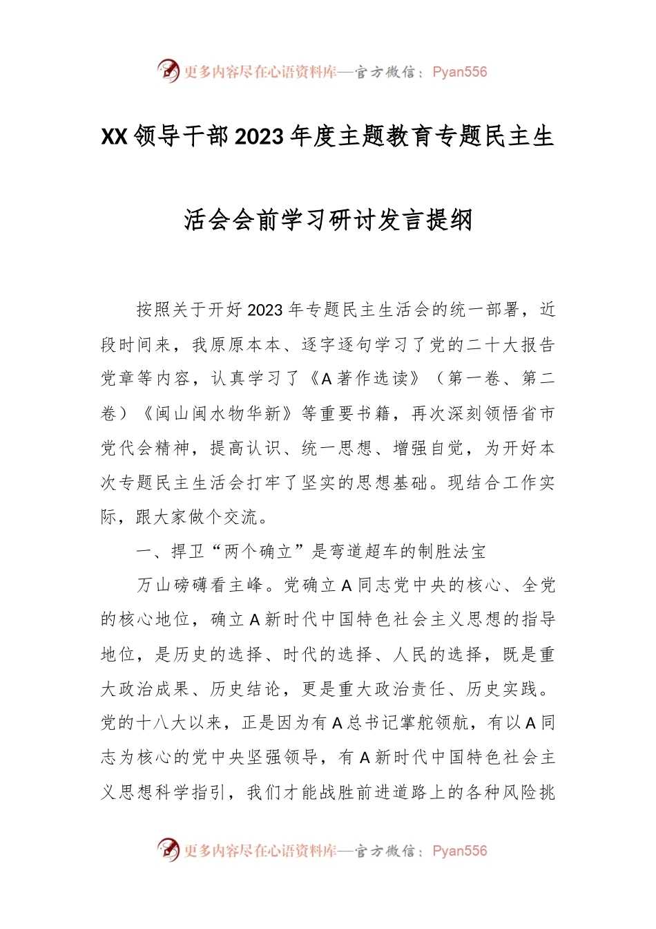 XX领导干部2023年度主题教育专题民主生活会会前学习研讨发言提纲.docx_第1页