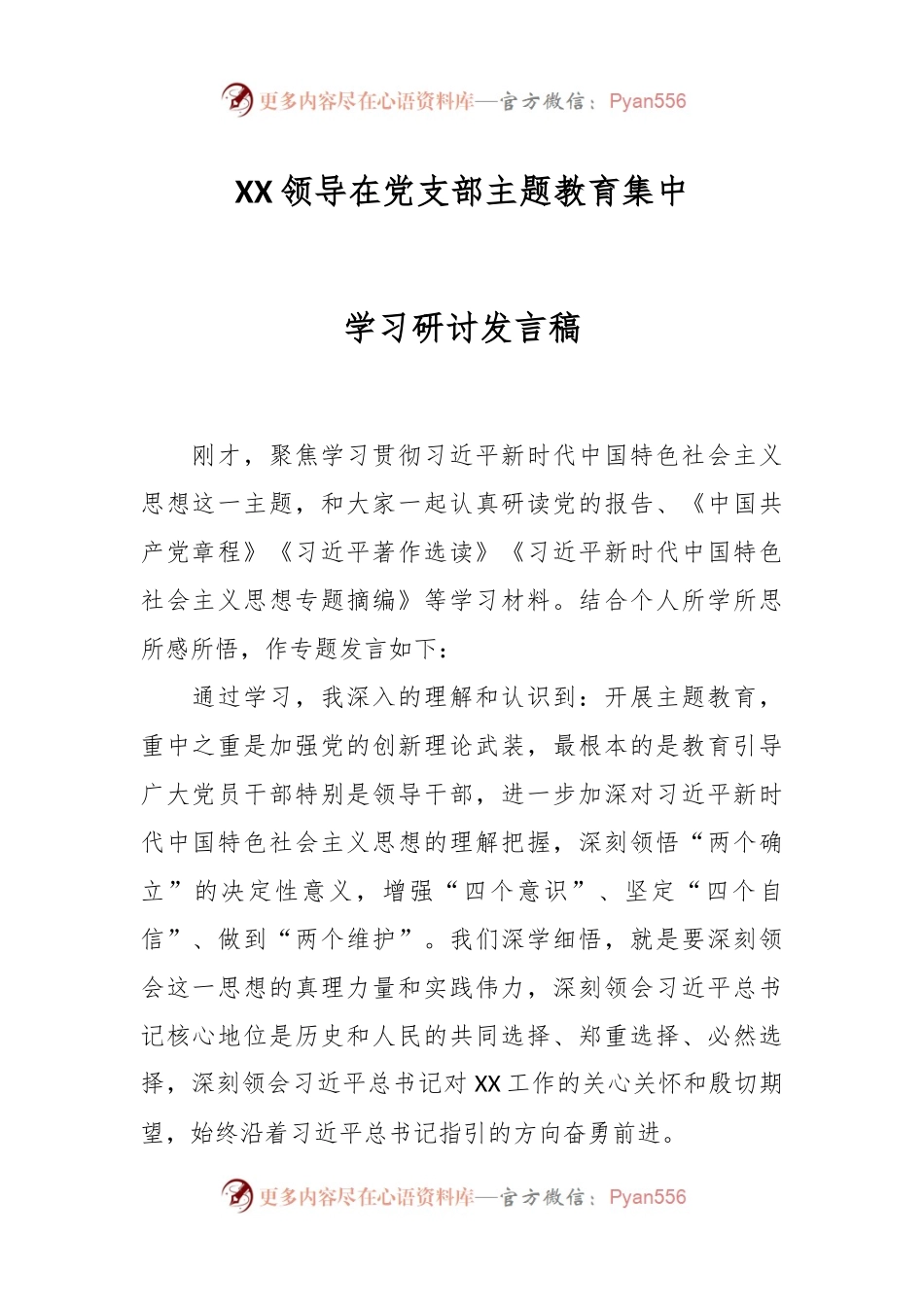 XX领导在党支部主题教育集中学习研讨发言稿.docx_第1页