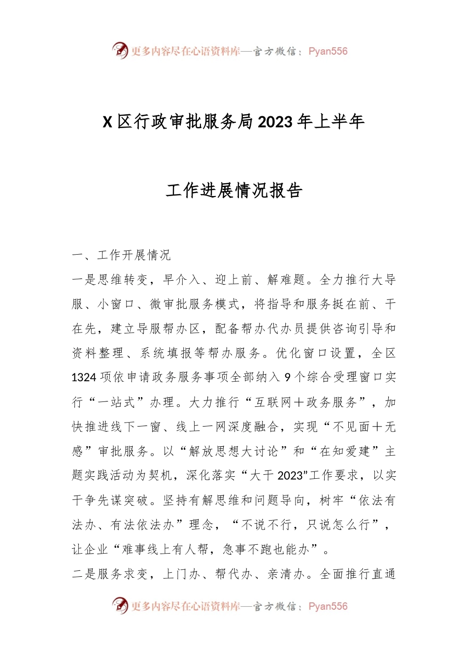 X区行政审批服务局2023年上半年工作进展情况报告.docx_第1页