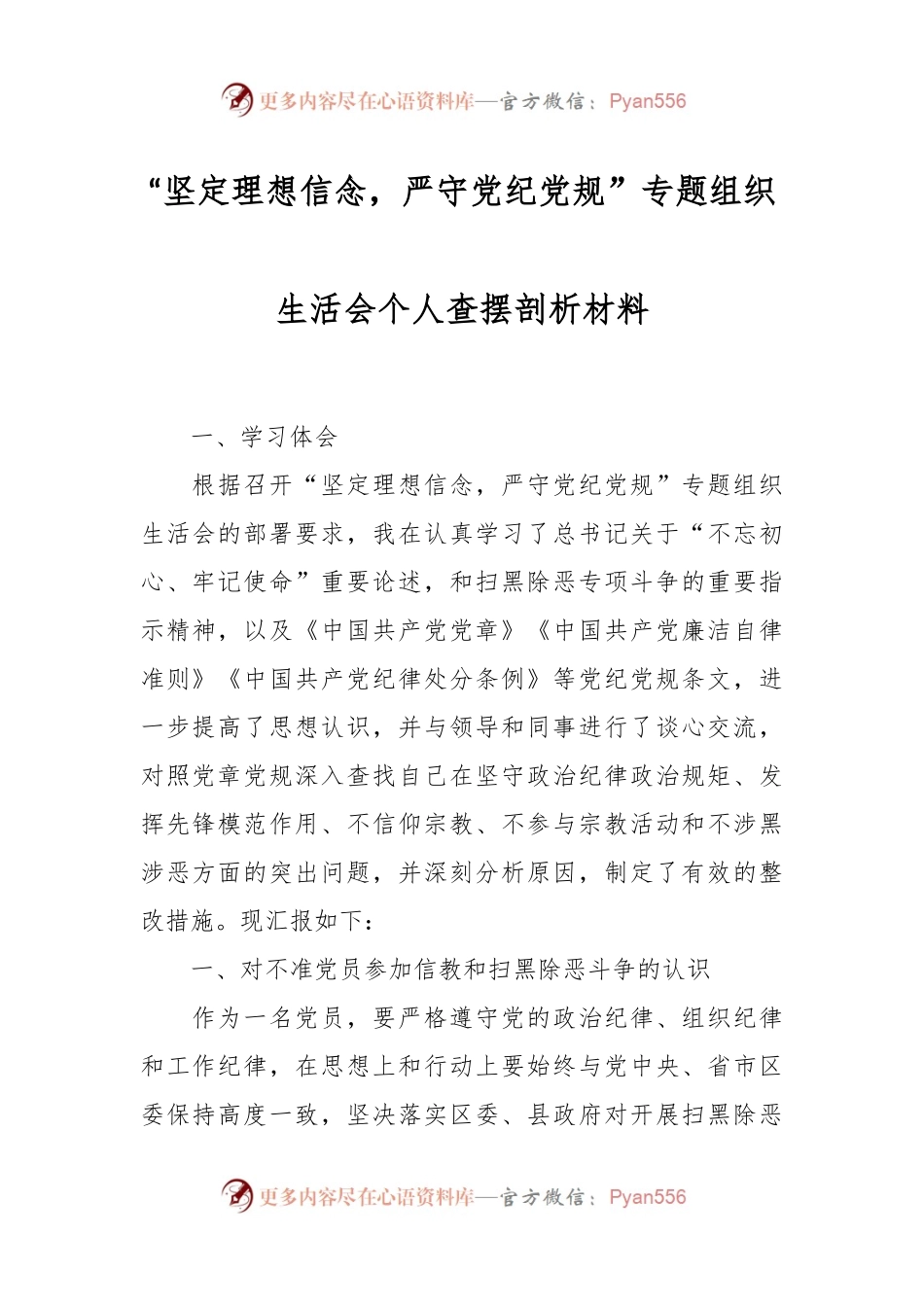 “坚定理想信念，严守党纪党规”专题组织生活会个人查摆剖析材料.docx_第1页