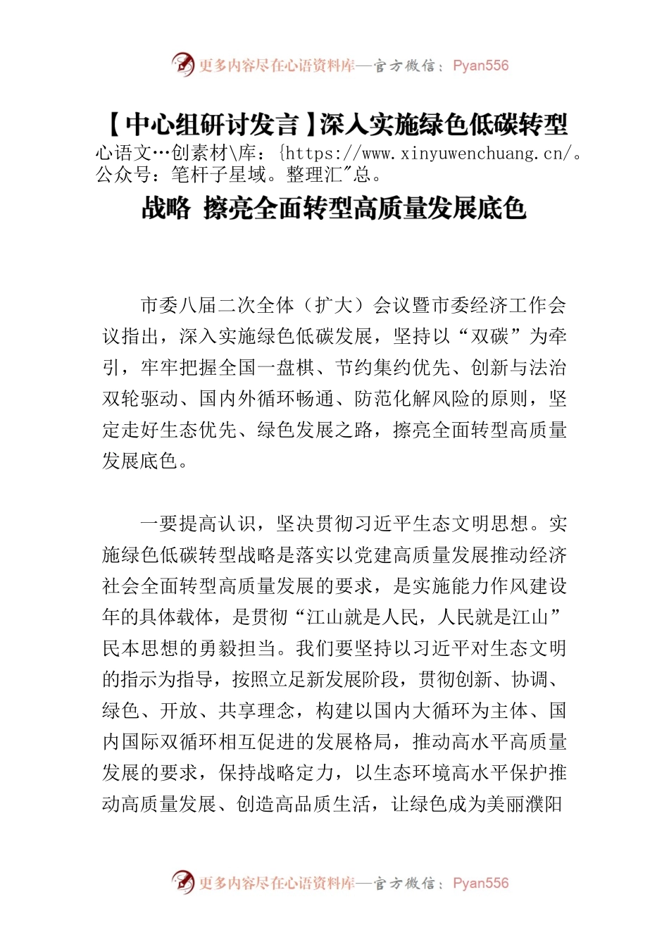【中心组研讨发言】深入实施绿色低碳转型战略 擦亮全面转型高质量发展底色.docx_第1页