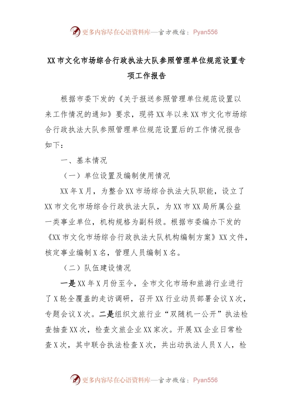XX市文化市场综合行政执法大队参照管理单位规范设置专项工作报告.docx_第1页