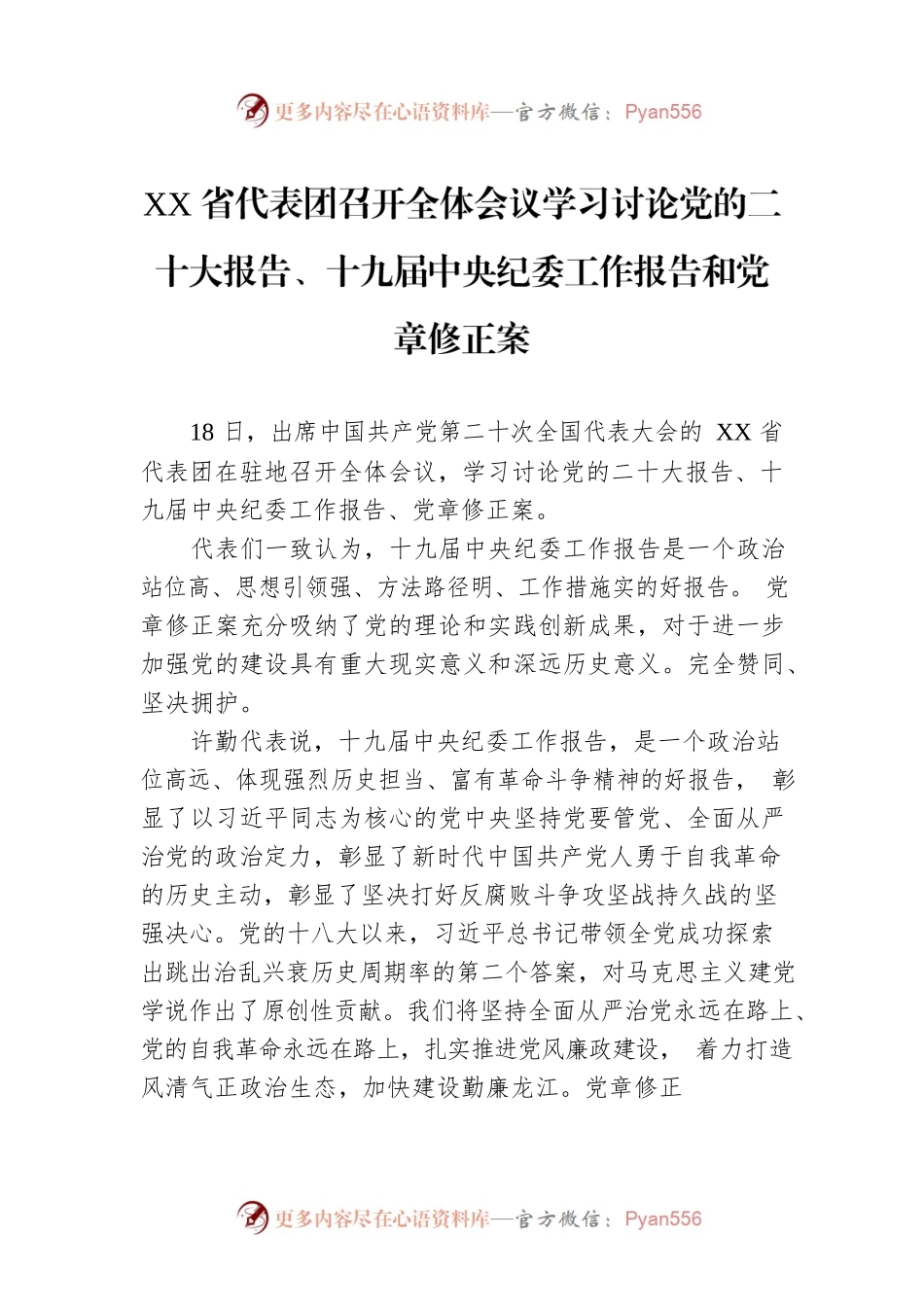 XX省代表团召开全体会议学习讨论党的二十大报告、十九届中央纪委工作报告和党章修正案（20221019）.docx_第1页