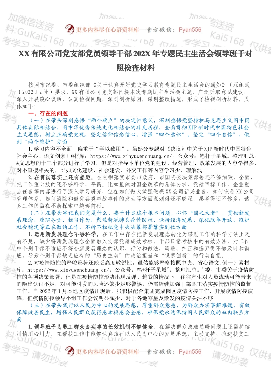 XX有限公司党支部党员领导干部202X年专题民主生活会领导班子对照检查材料.docx_第1页