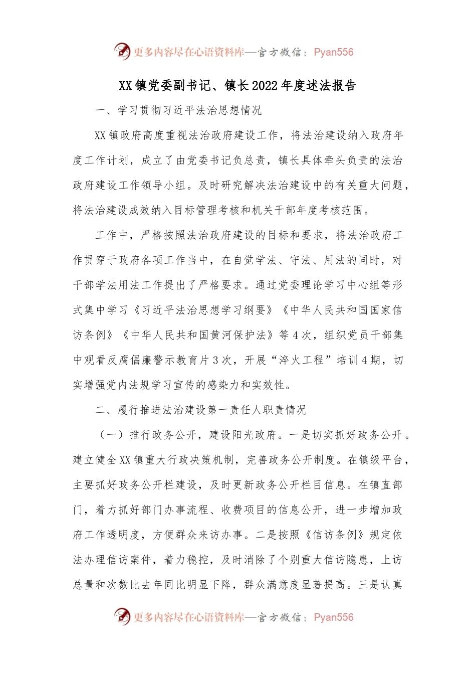 XX镇党委副书记、镇长2022年度述法报告1.docx_第1页