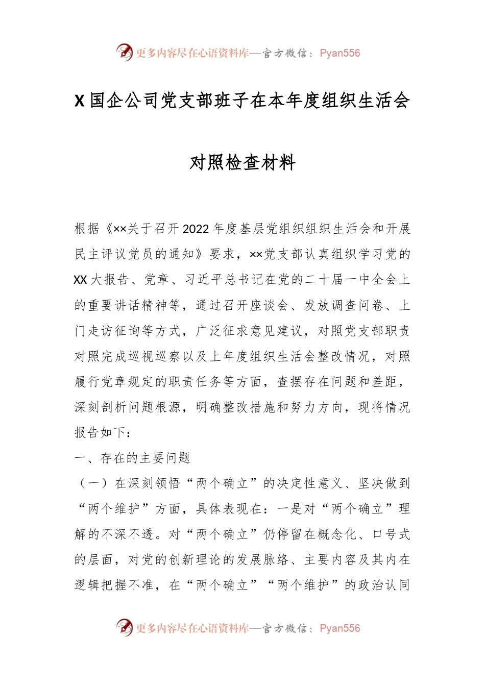 X国企公司党支部班子在本年度组织生活会对照检查材料.docx_第1页