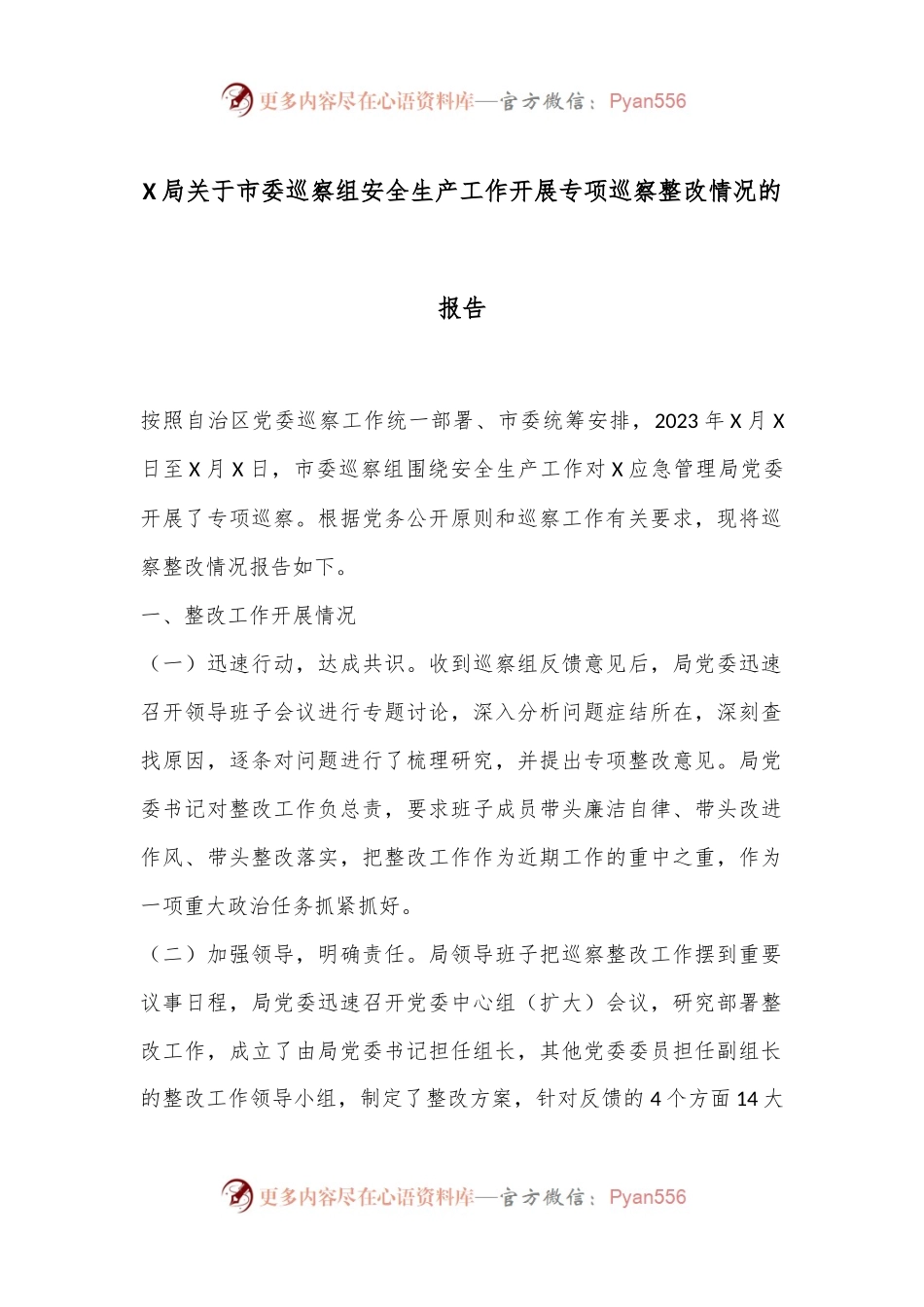 X局关于市委巡察组安全生产工作开展专项巡察整改情况的报告.docx_第1页