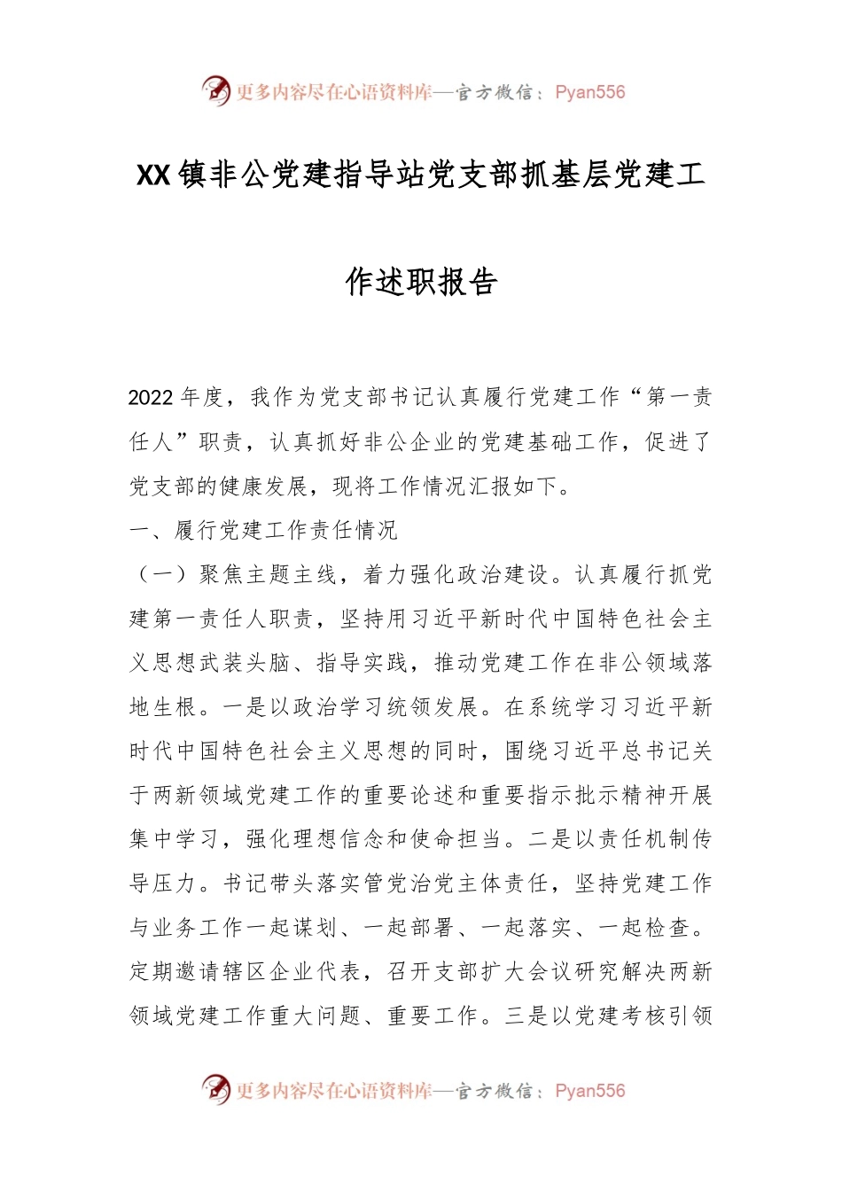 XX镇非公党建指导站党支部抓基层党建工作述职报告.docx_第1页