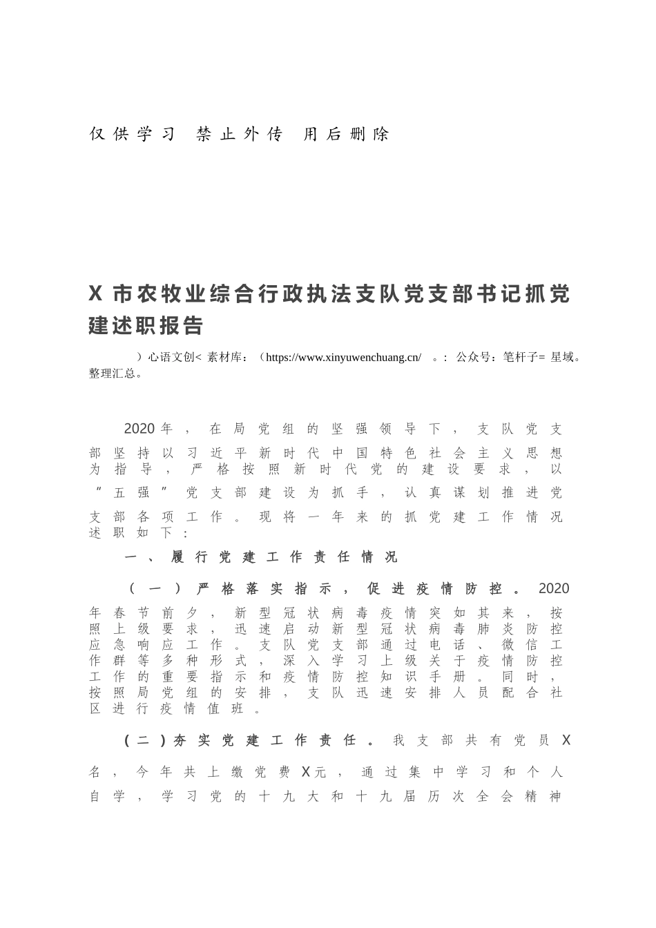 X市农牧业综合行政执法支队党支部书记抓党建述职报告.docx_第1页