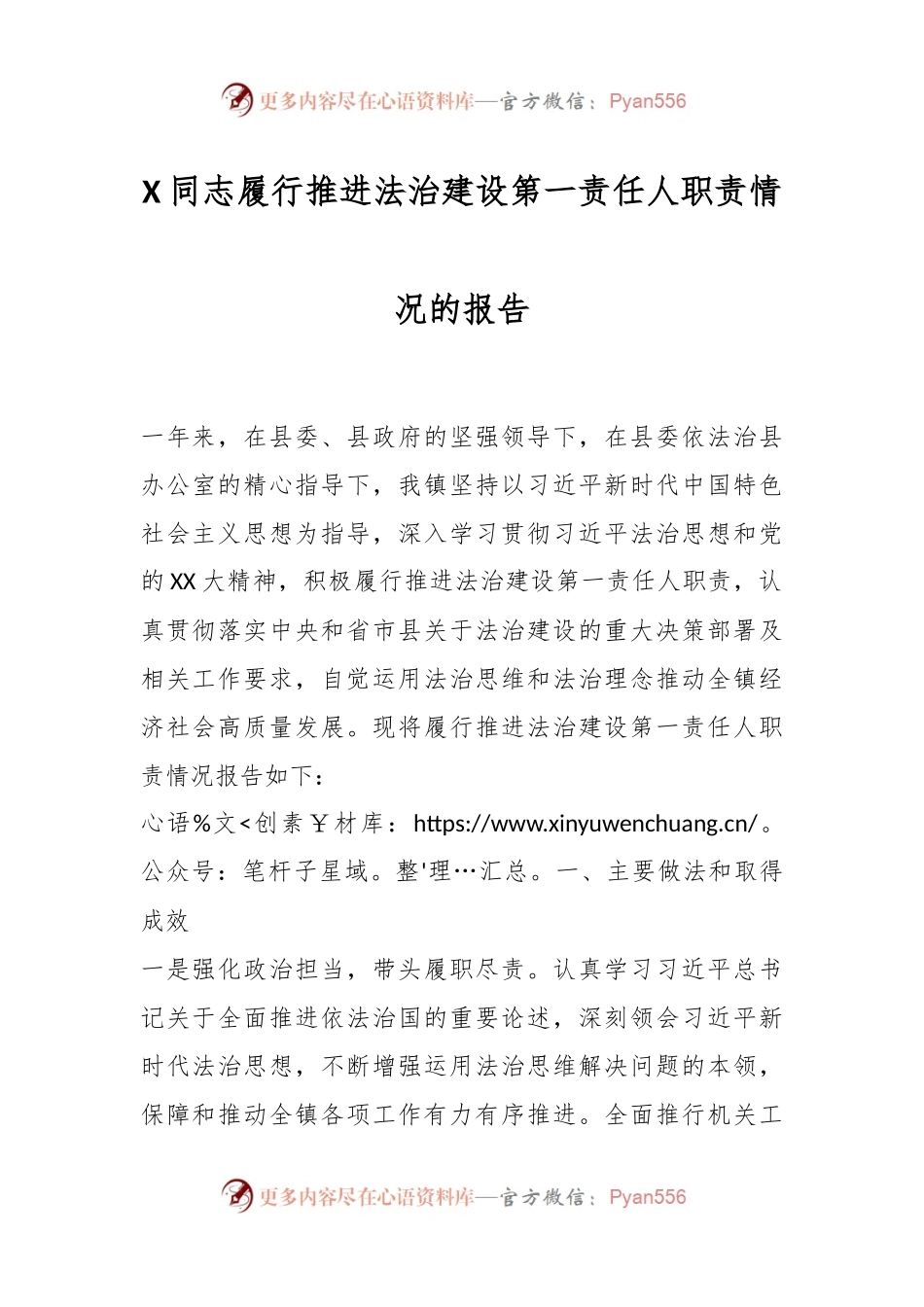 X同志履行推进法治建设第一责任人职责情况的报告.docx_第1页