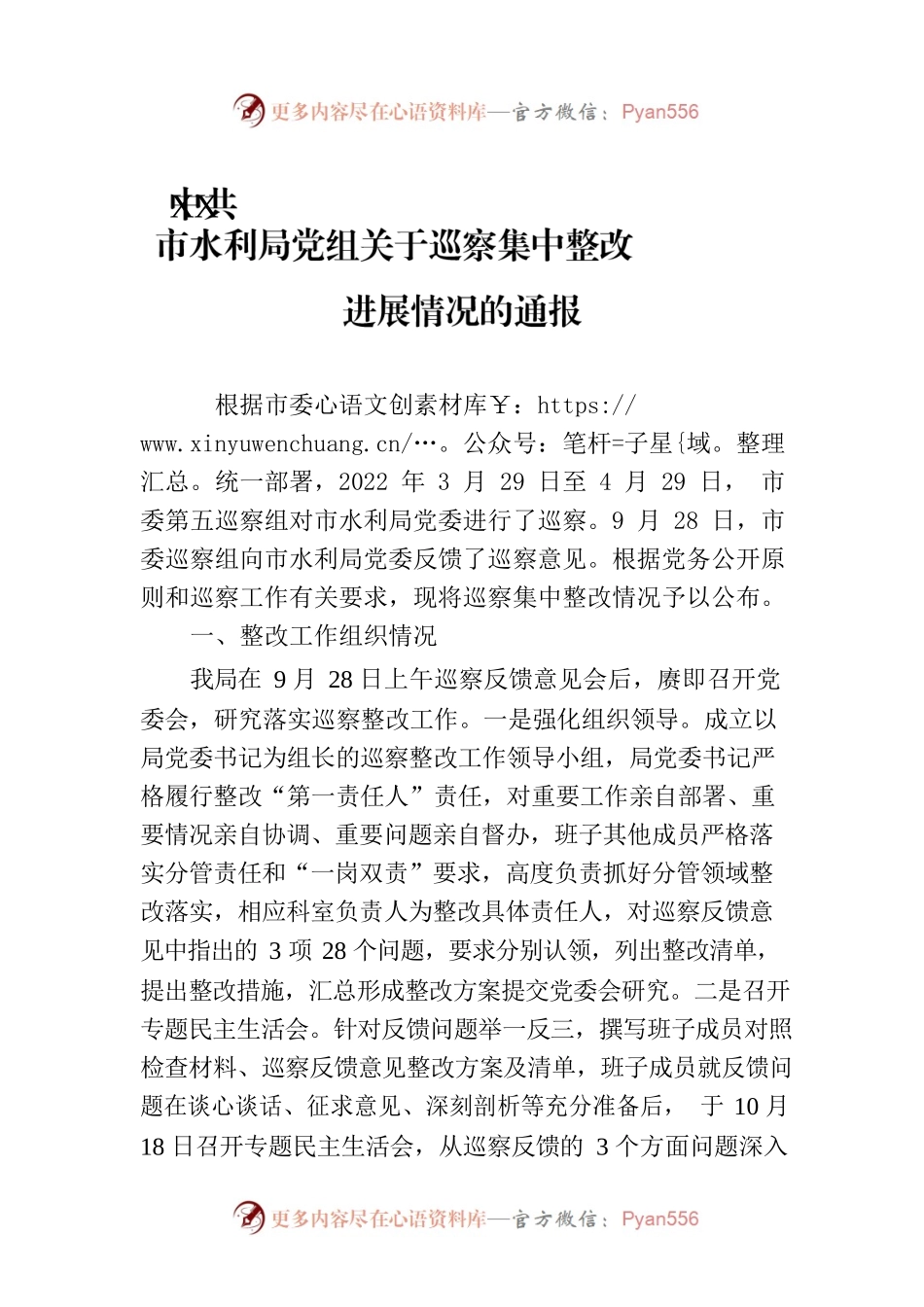 XX市水利局党组关于巡察集中整改进展情况的通报（20230314）.docx_第1页