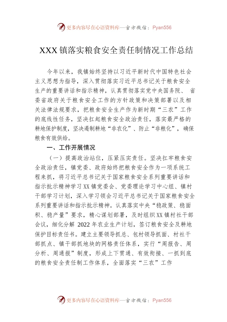XX镇落实粮食安全责任制情况工作总结.docx_第1页