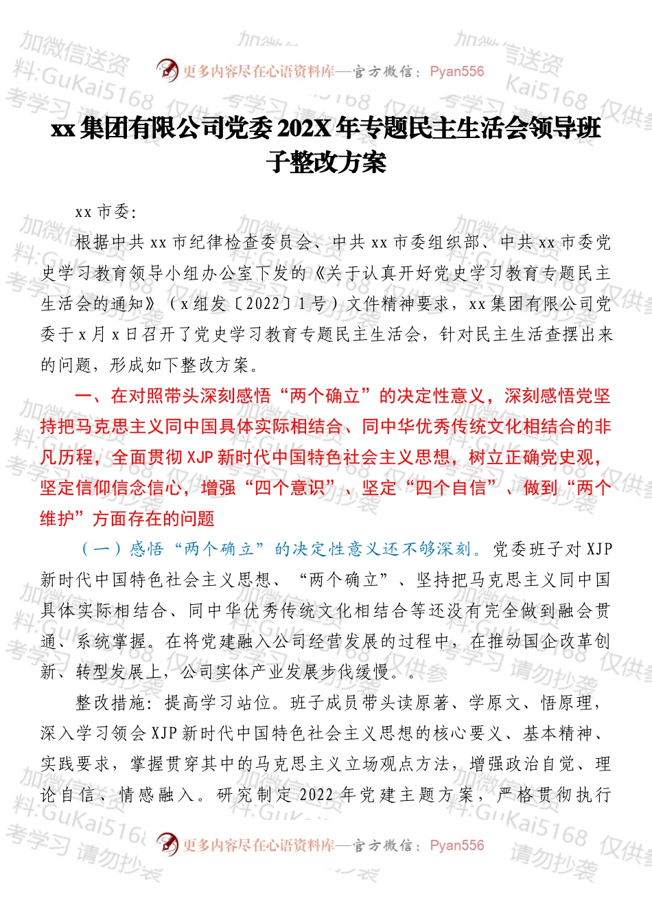 xx集团有限公司党委202X年专题民主生活会领导班子整改方案.docx_第1页