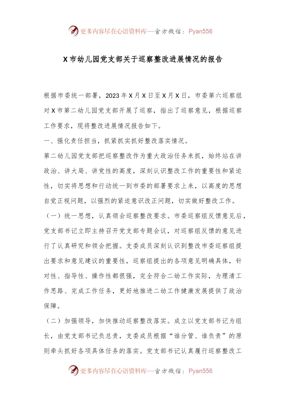 X市幼儿园党支部关于巡察整改进展情况的报告.docx_第1页
