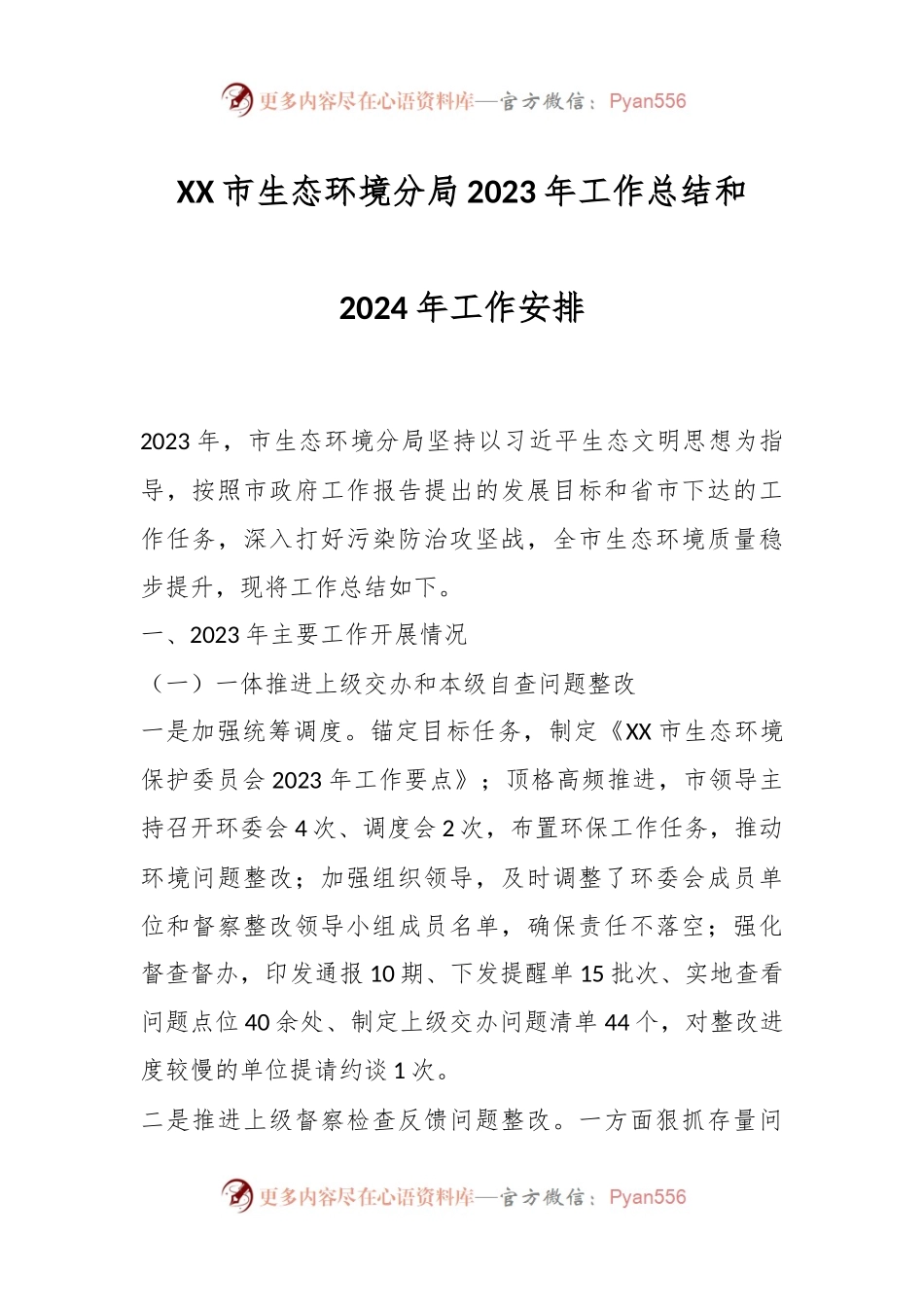 XX市生态环境分局2023年工作总结和2024年工作安排.docx_第1页