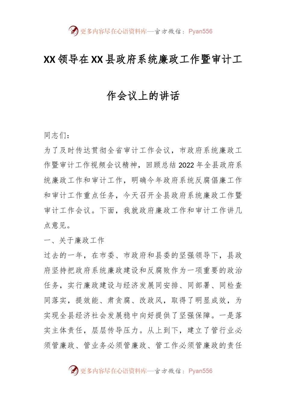 XX领导在XX县政府系统廉政工作暨审计工作会议上的讲话.docx_第1页