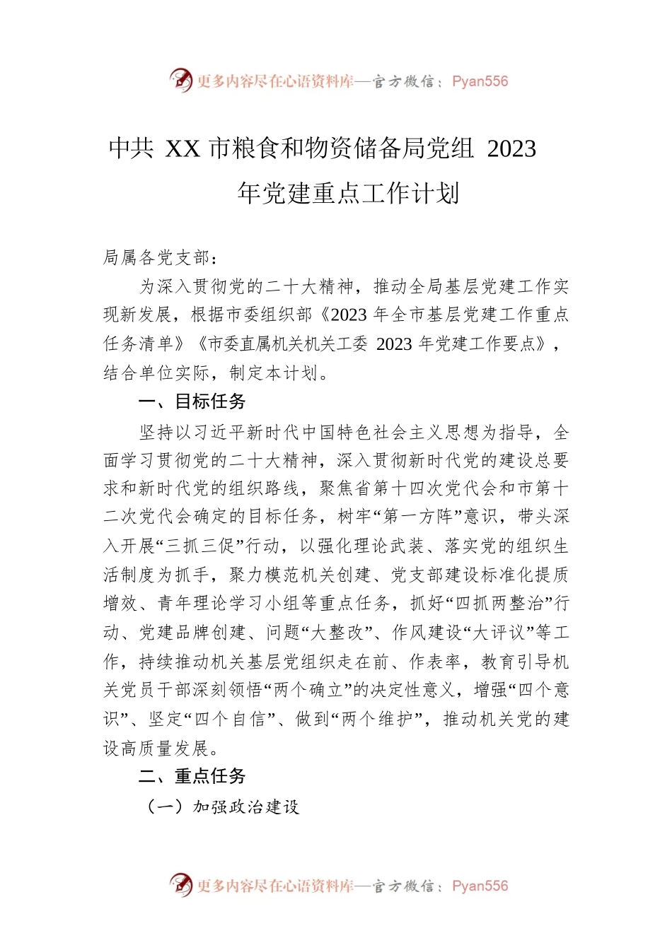XX市粮食和物资储备局党组2023年党建重点工作计划（20230419）.docx_第1页