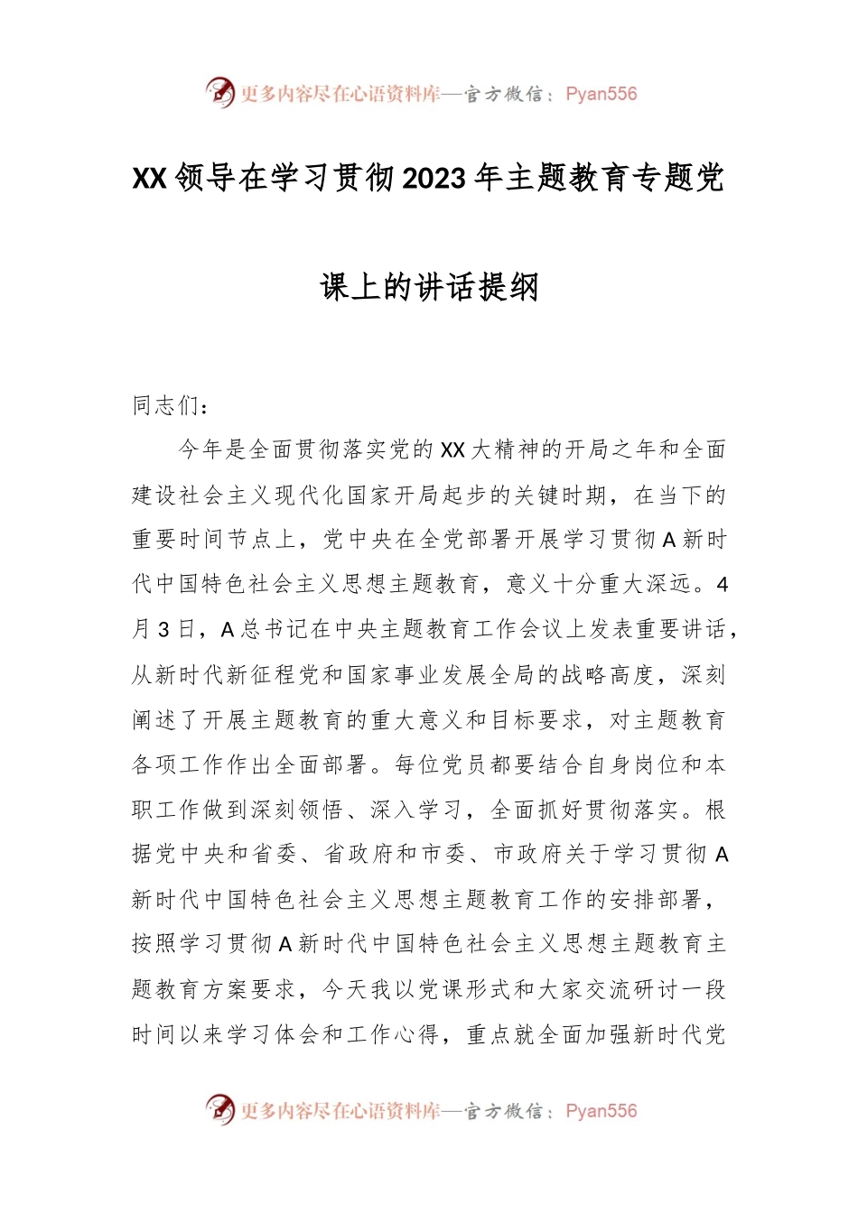XX领导在学习贯彻2023年主题教育专题党课上的讲话提纲.docx_第1页
