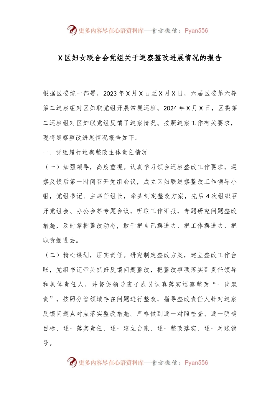 X区妇女联合会党组关于巡察整改进展情况的报告.docx_第1页