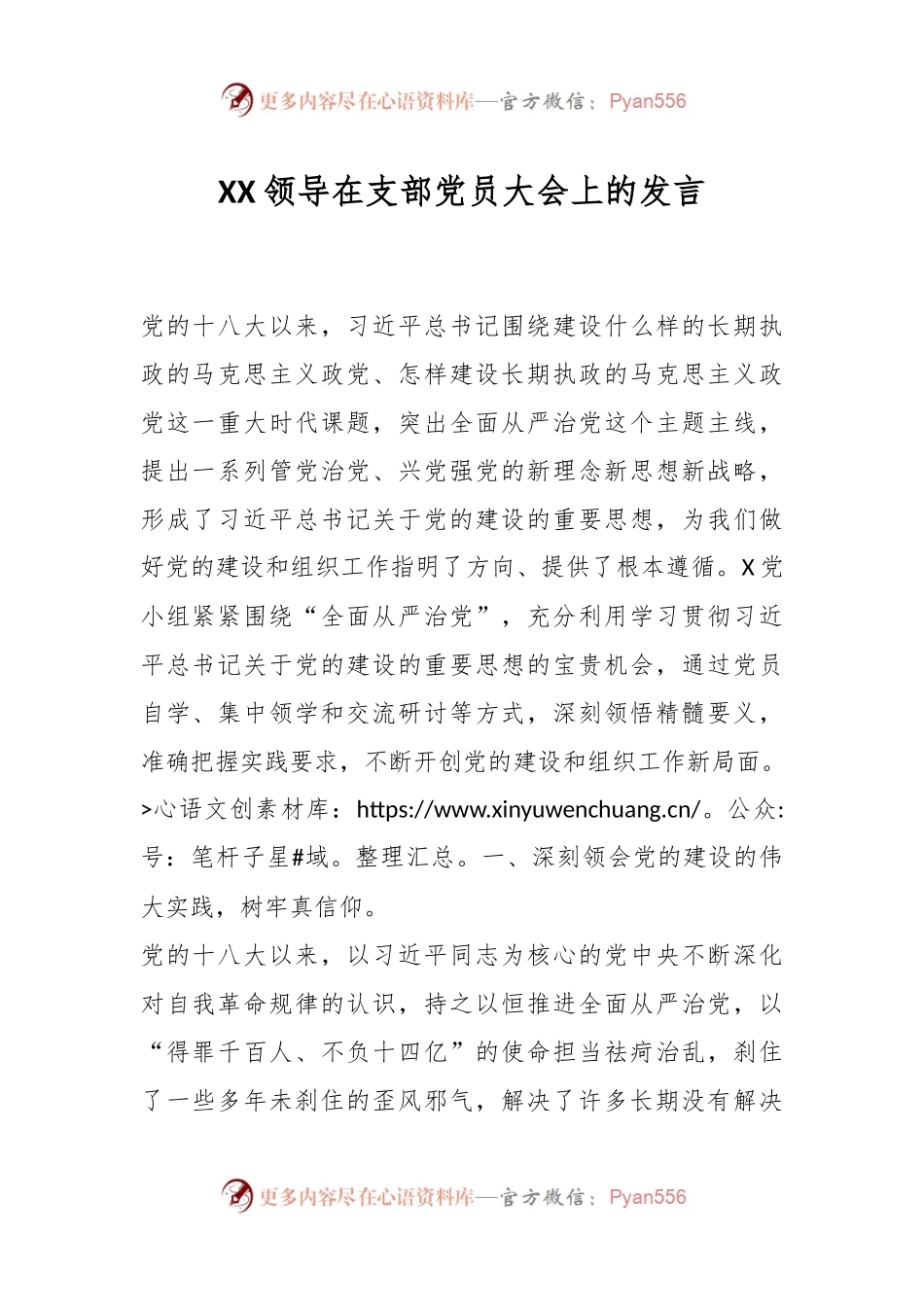 XX领导在支部党员大会上的发言.docx_第1页