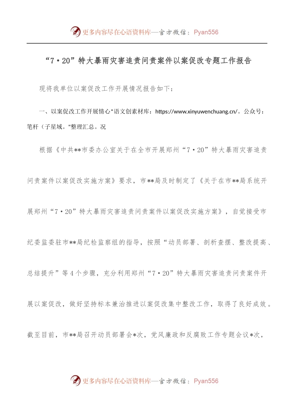 “7·20”特大暴雨灾害追责问责案件以案促改专题工作报告.docx_第1页