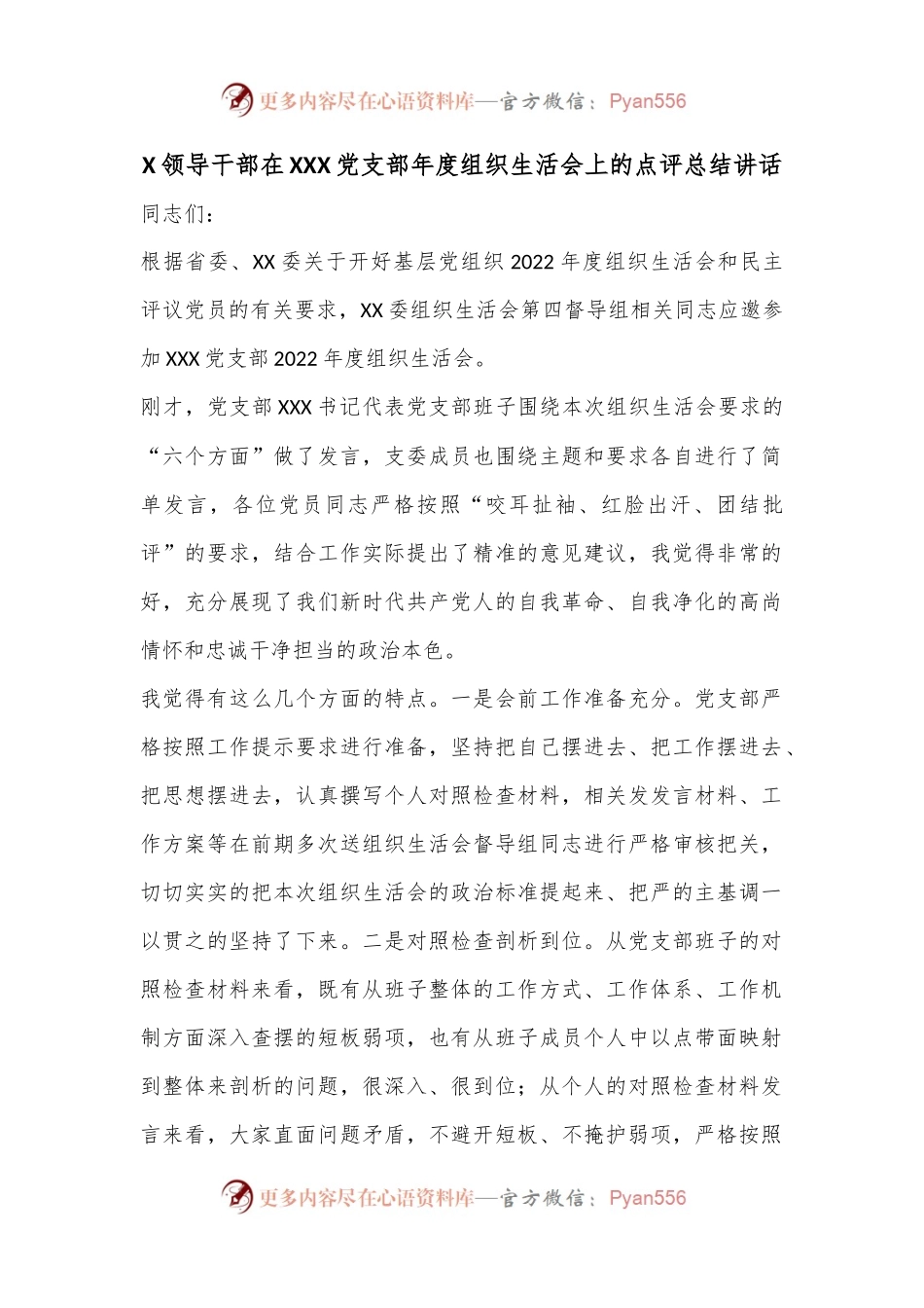 X领导干部在XXX党支部年度组织生活会上的点评总结讲话.docx_第1页