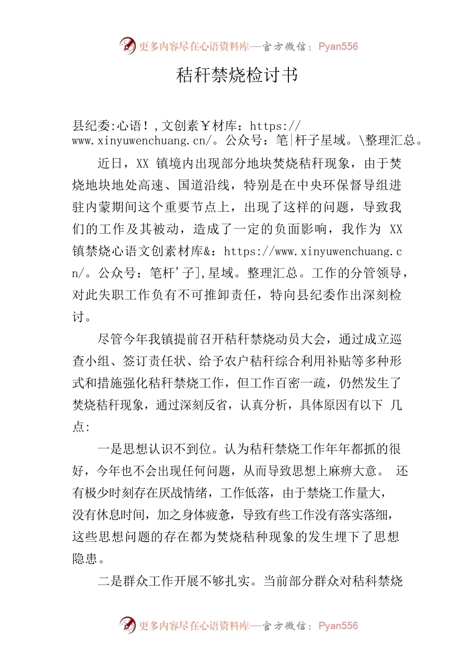 XX镇秸秆禁烧检讨书.docx_第1页