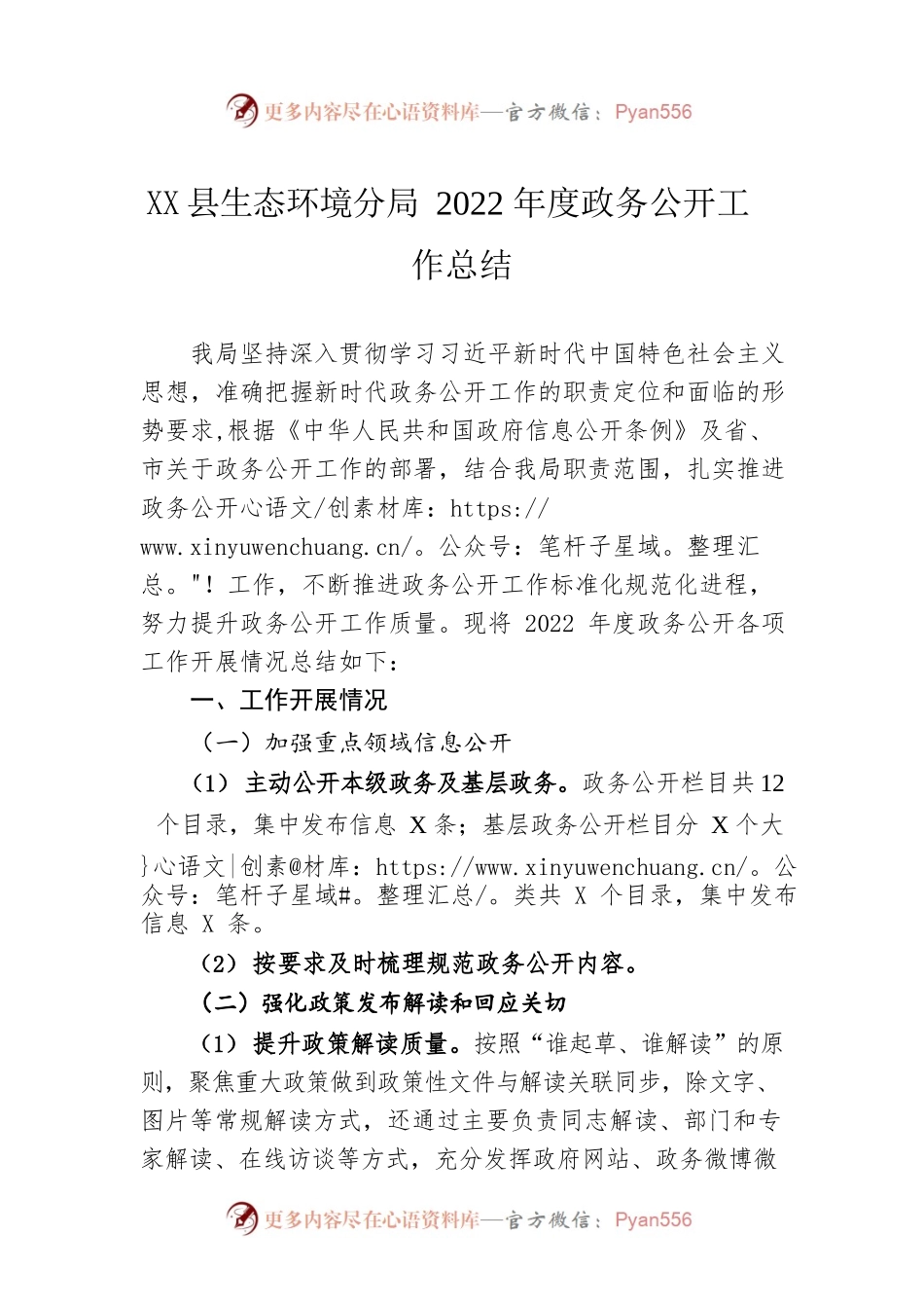X县生态环境分局2022年度政务公开工作总结（20221219）.docx_第1页