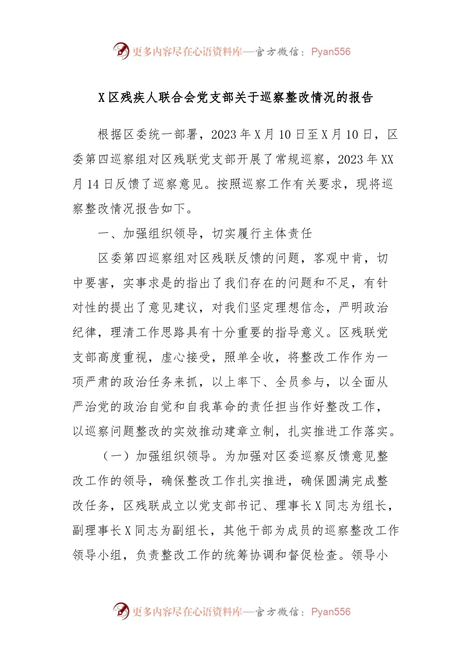 X区残疾人联合会党支部关于巡察整改情况的报告.docx_第1页