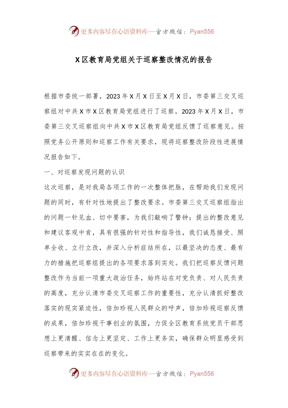 X区教育局党组关于巡察整改情况的报告.docx_第1页