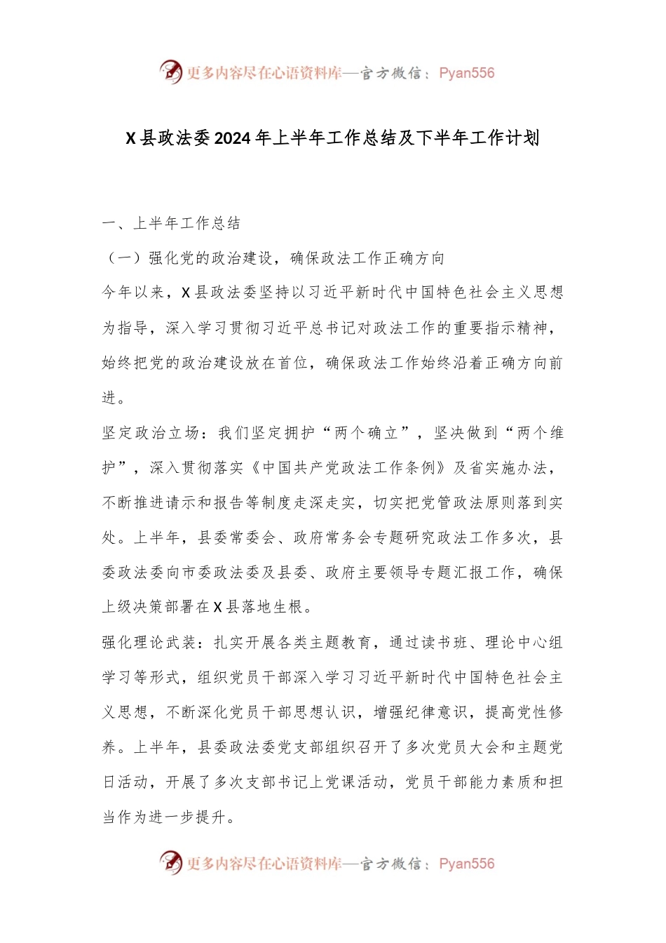 X县政法委2024年上半年工作总结及下半年工作计划.docx_第1页