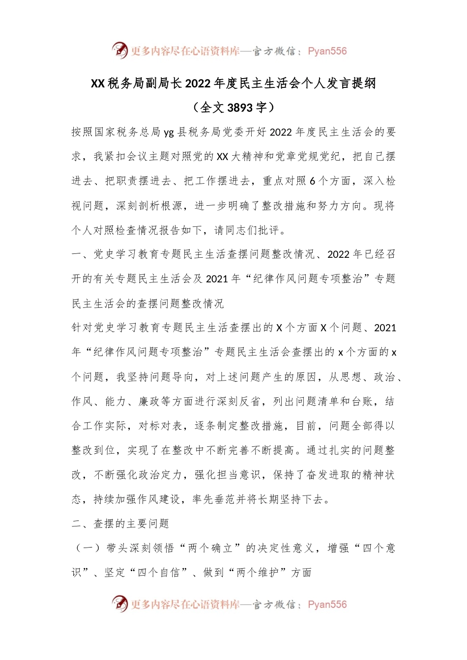 XX税务局副局长2022年度民主生活会个人发言提纲（全文3893字）.docx_第1页