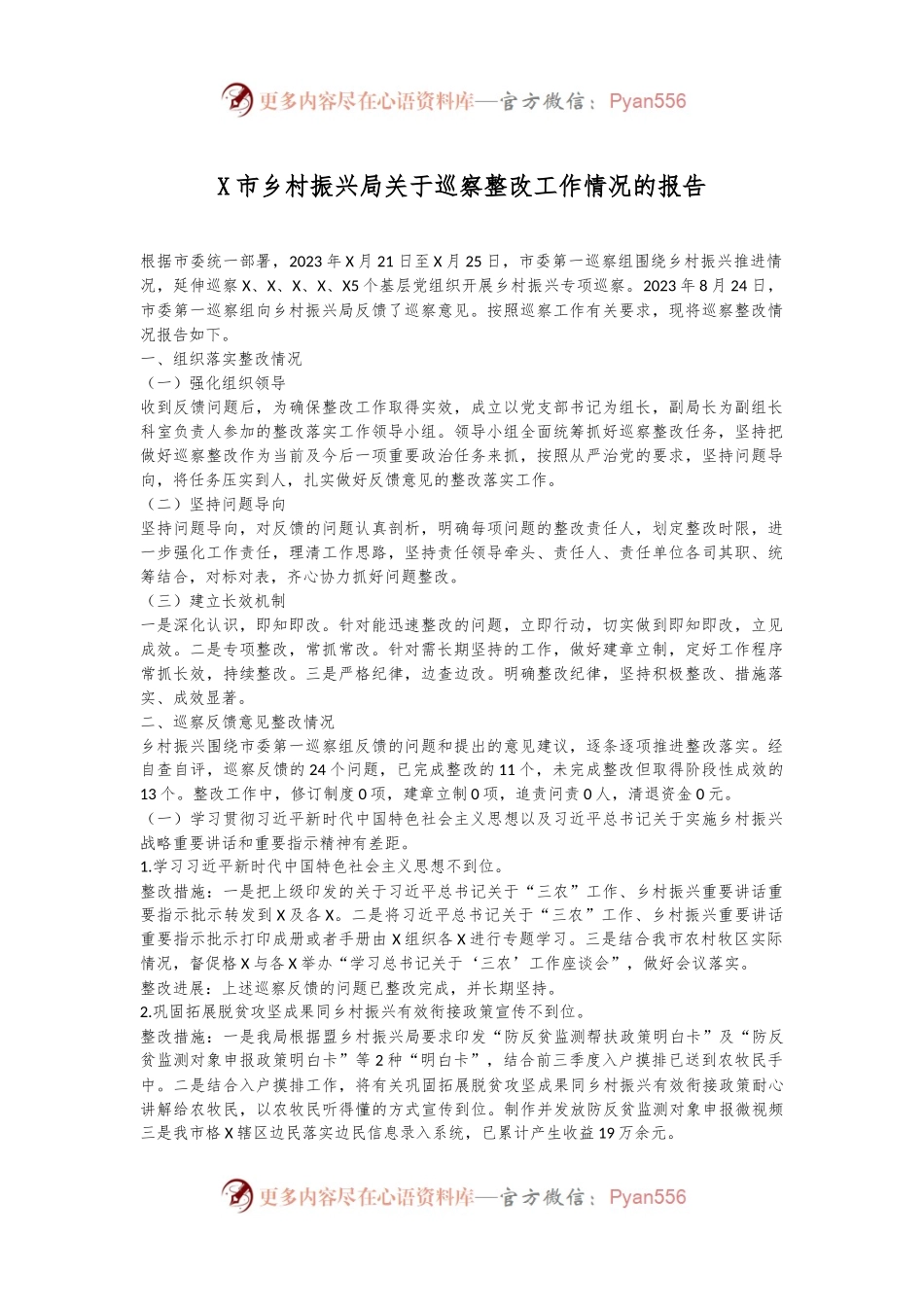 X市乡村振兴局关于巡察整改工作情况的报告.docx_第1页