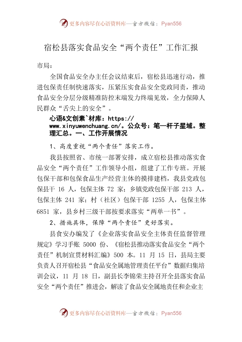 X县落实食品安全“两个责任”工作汇报.docx_第1页