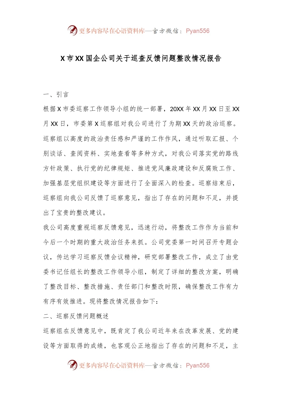 X市XX国企公司关于巡查反馈问题整改情况报告.docx_第1页