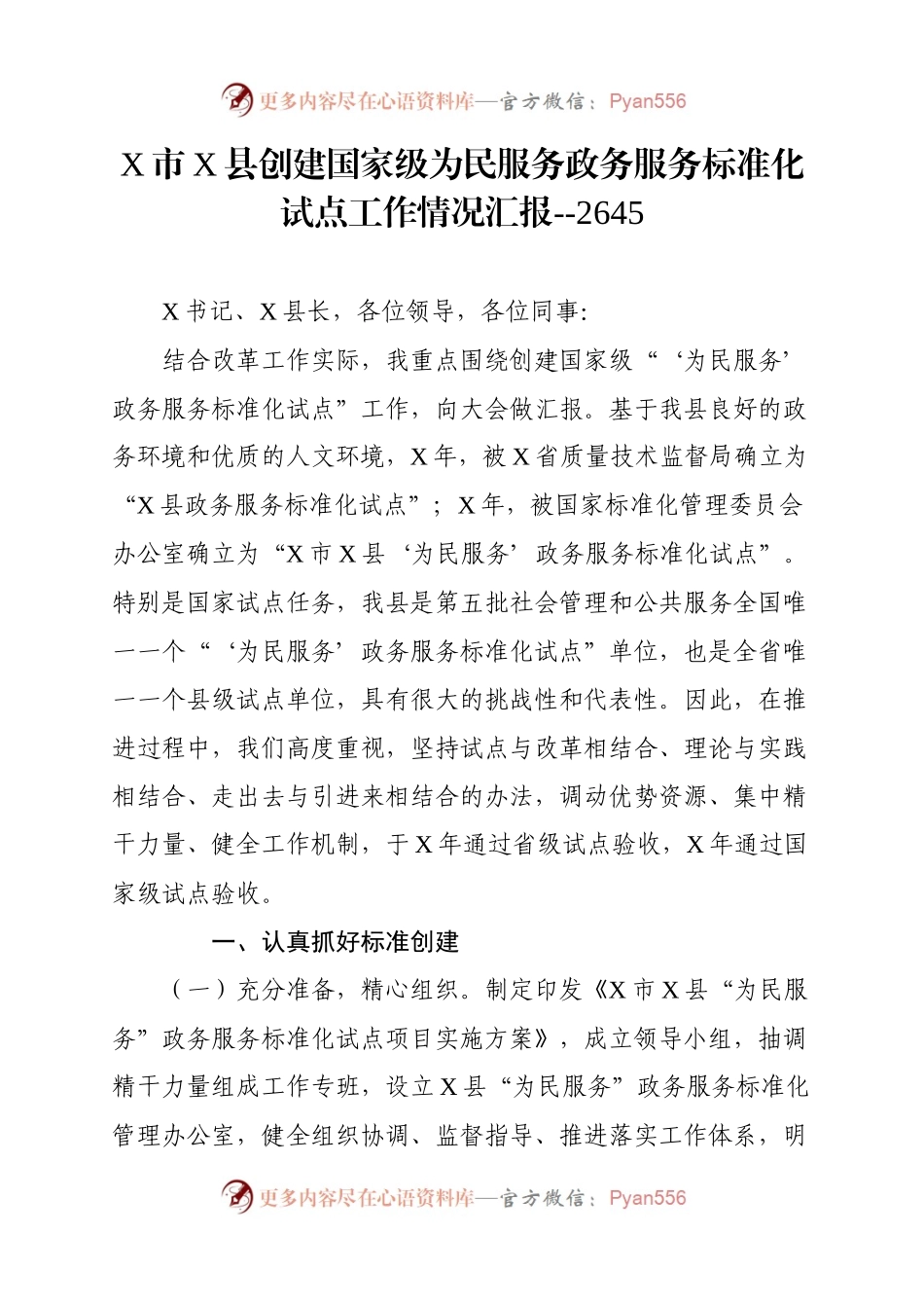 X市X县创建国家级为民服务政务服务标准化试点工作情况汇报.docx_第1页