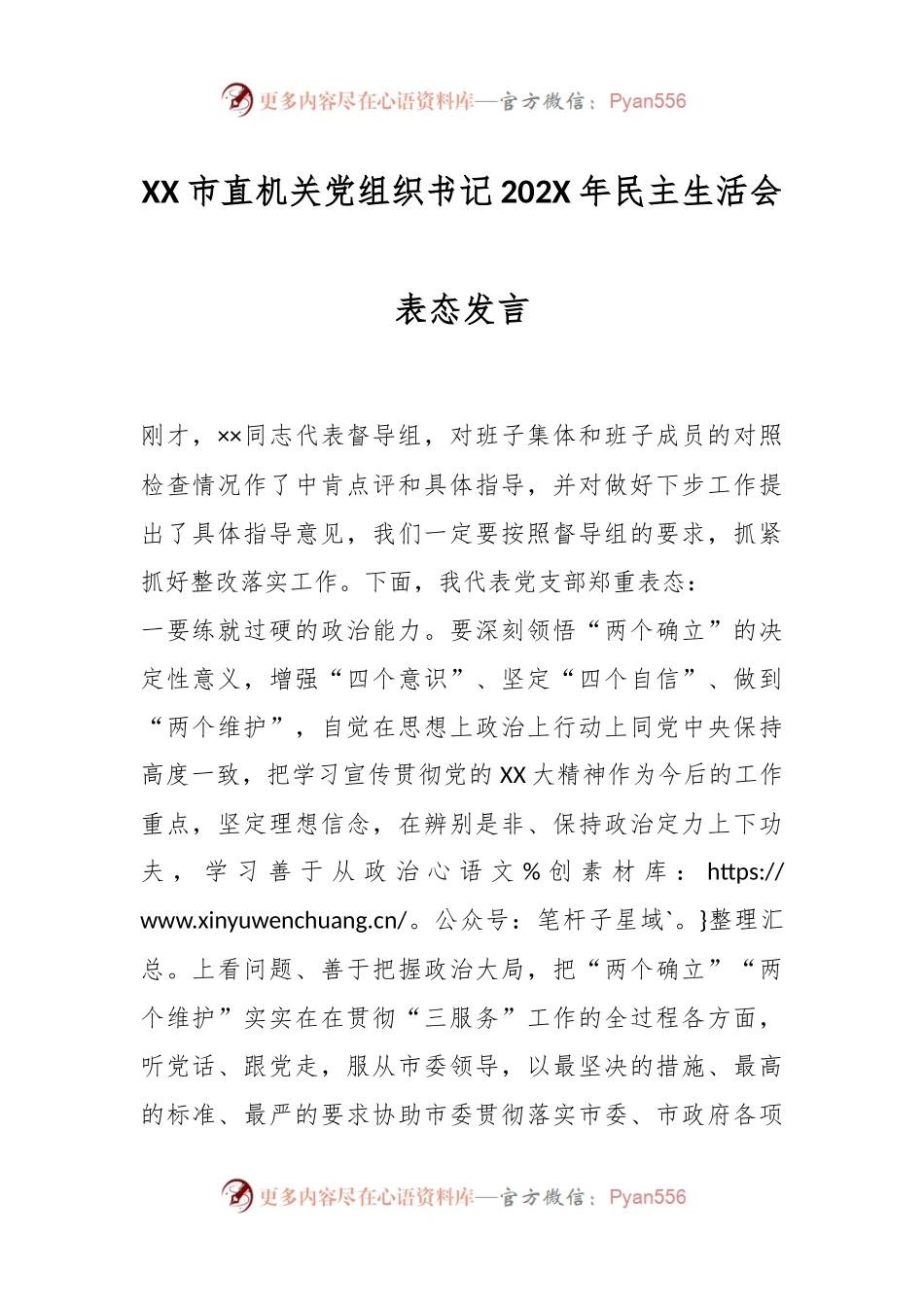 XX市直机关党组织书记202X年民主生活会表态发言.docx_第1页