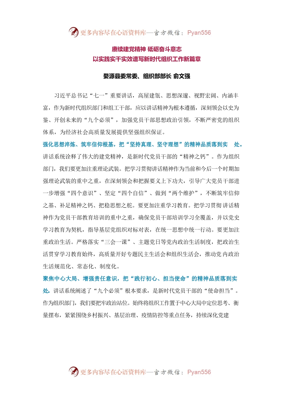 X县委常委：赓续建党精神  砥砺奋斗意志 以实践实干实效谱写新时代组织工作新篇章.docx_第1页
