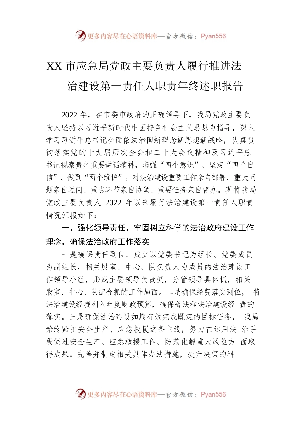 XX市应急局党政主要负责人履行推进法治建设第一责任人职责年终述职报告（20221216）.docx_第1页