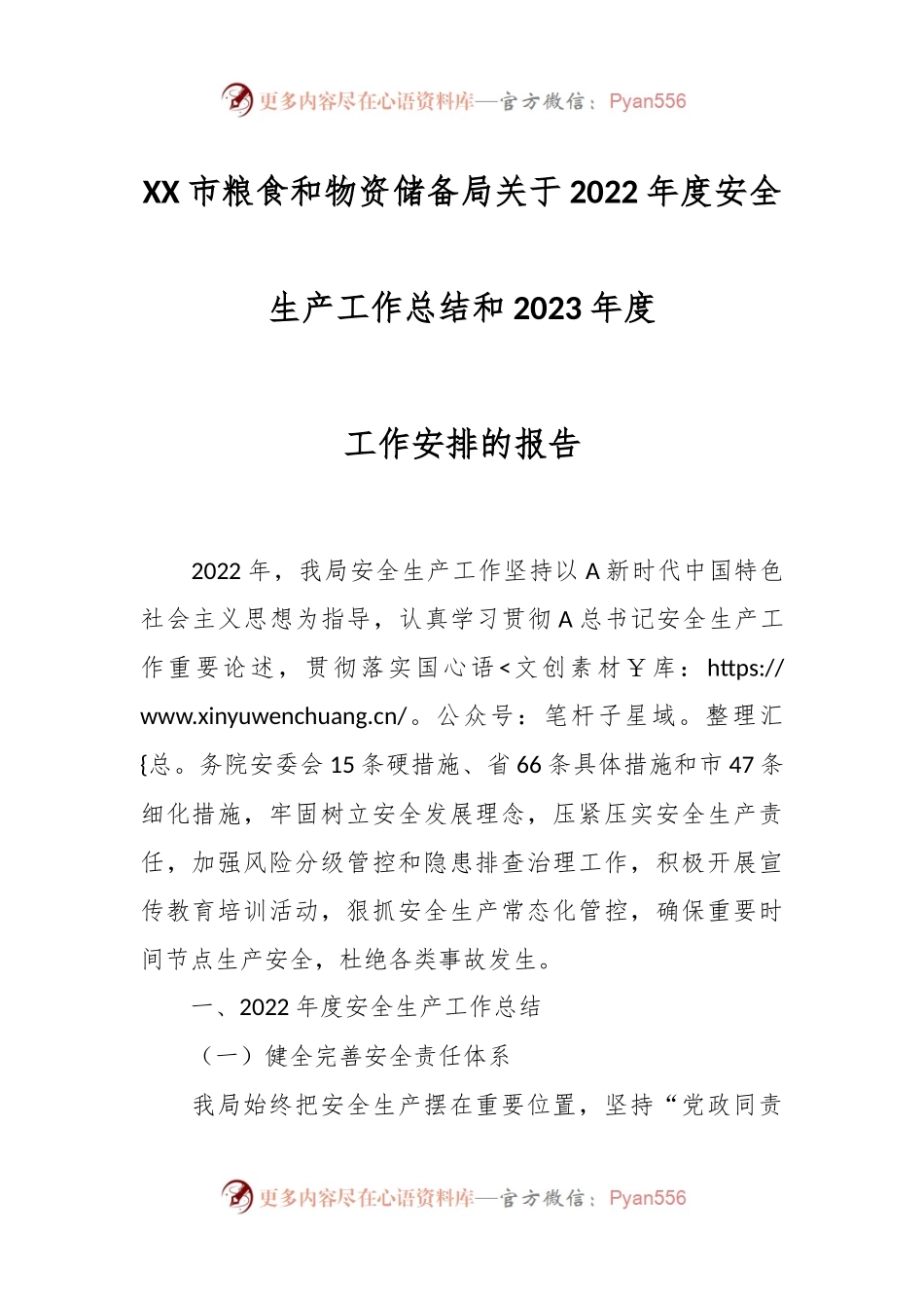 XX市粮食和物资储备局关于2022年度安全生产工作总结和2023年度工作安排的报告.docx_第1页